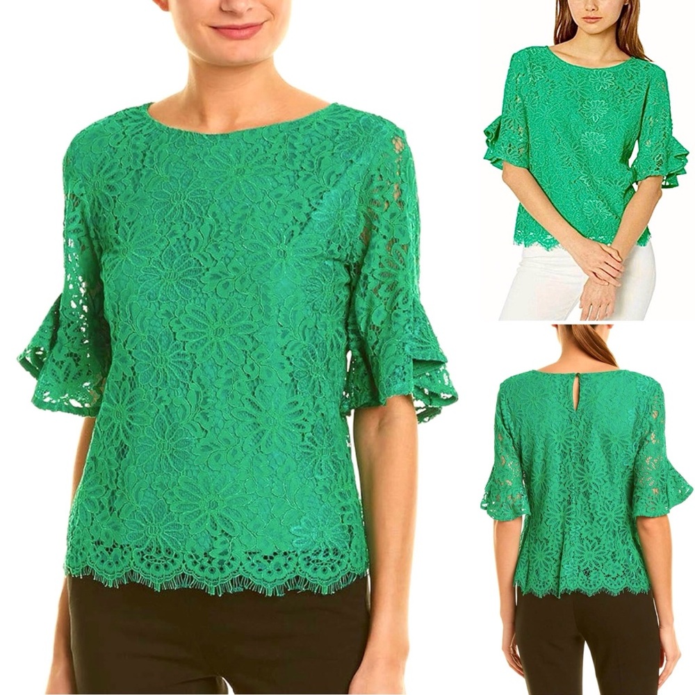Nanette Lepore Lace Blouse Ruffle Elbow Sleeve Crew Neck Scallop Hem Lined Green